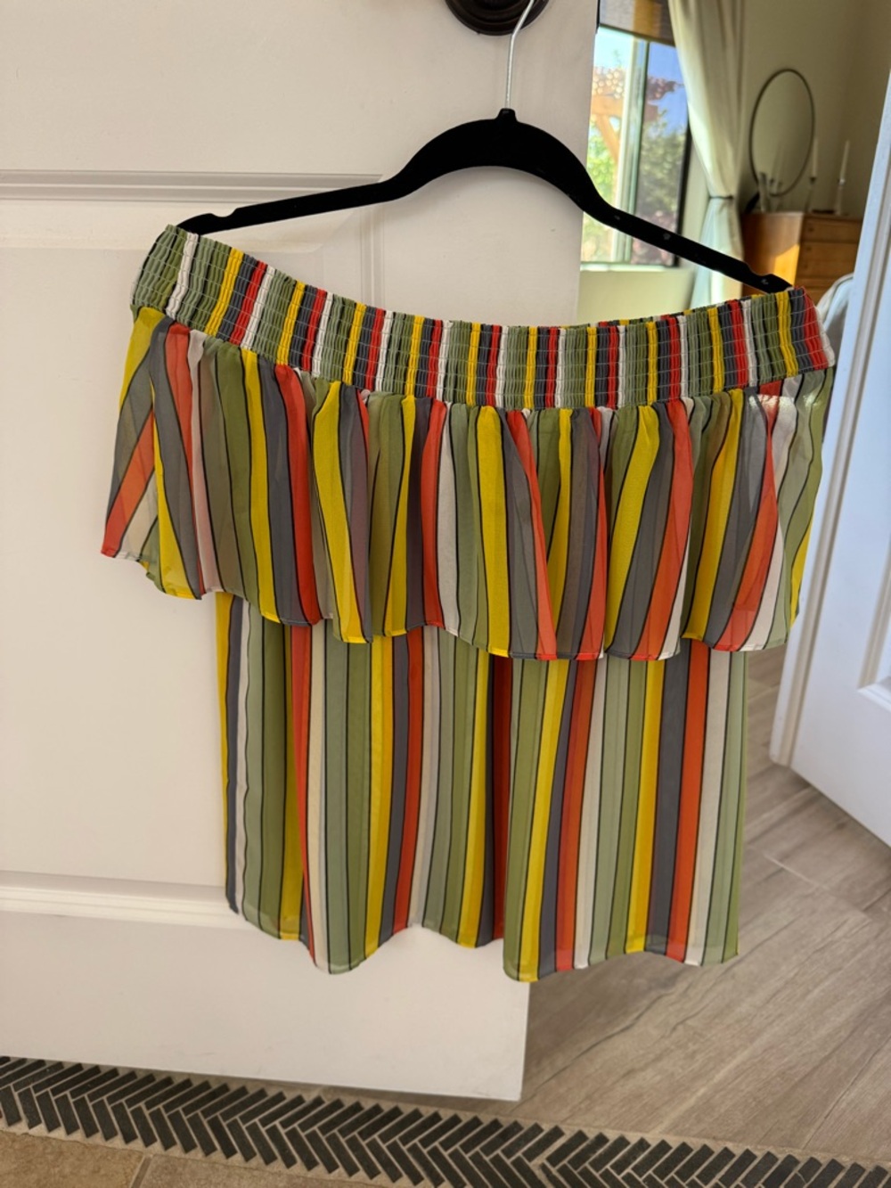 CAbi Multicolor Striped Off-Shoulder Top — Yellow, Olive & Coral